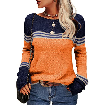 Danedvi Women’s Autumn Winter Colorblock Pullover Sweater - Chic & Cozy Orange Top