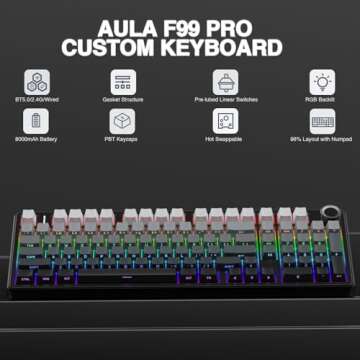 AULA F99 Pro Wireless Mechanical Keyboard with Knob,Tri-Mode BT5.0/USB-C/2.4GHz Hot Swappable Keyboa...