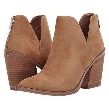 FISACE Womens Pointed Toe Stacked Mid Heel Ankle Boots V Cut Back Zipper Faux Leather Booties