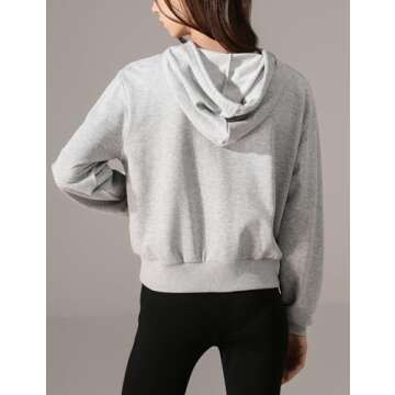 Yimoon Zip Up Hoodie Women Cropped Casual Sweatshirts Workout Long Sleeve Drawstring Hooded Jacket Crop Tops (Grey, Large)