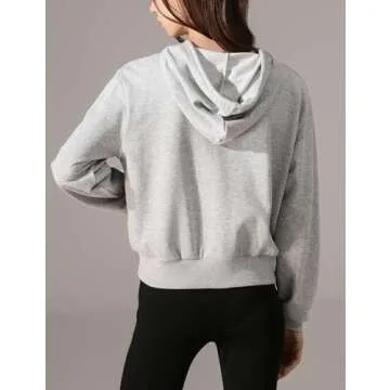 Yimoon Zip Up Hoodie Women Cropped Casual Sweatshirts Workout Long Sleeve Drawstring Hooded Jacket Crop Tops (Grey, Large)