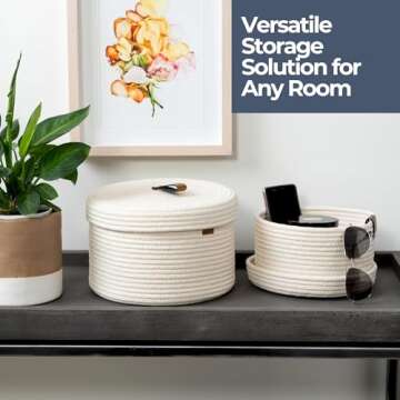 DENJA & CO Set of 2 Decorative Storage Baskets with Lids - Round Woven Baskets for Home Decor and Or...