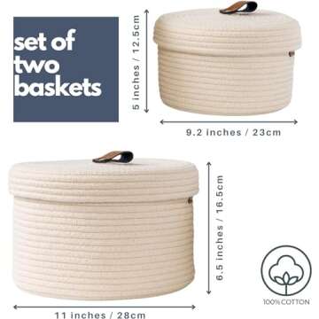 DENJA & CO Set of 2 Decorative Storage Baskets with Lids - Round Woven Baskets for Home Decor and Organizing - Small Shelf Baskets with Leather Tabs and Handles - Decorative Storage and Organizer Bins