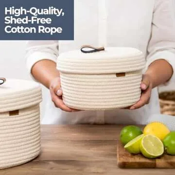 DENJA & CO Set of 2 Decorative Storage Baskets with Lids - Round Woven Baskets for Home Decor and Organizing - Small Shelf Baskets with Leather Tabs and Handles - Decorative Storage and Organizer Bins