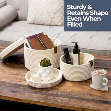 DENJA & CO Set of 2 Decorative Storage Baskets with Lids - Round Woven Baskets for Home Decor and Organizing - Small Shelf Baskets with Leather Tabs and Handles - Decorative Storage and Organizer Bins