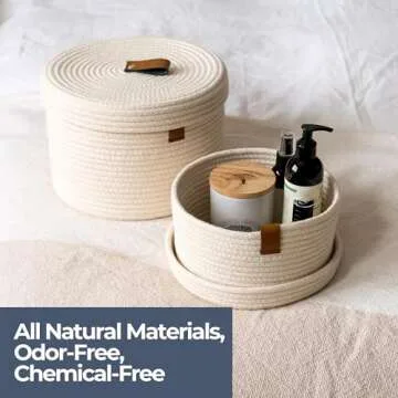 DENJA & CO Set of 2 Decorative Storage Baskets with Lids - Round Woven Baskets for Home Decor and Organizing - Small Shelf Baskets with Leather Tabs and Handles - Decorative Storage and Organizer Bins