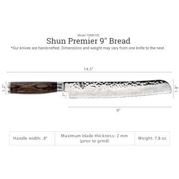 Shun Premier 9" Bread Knife, Handcrafted Japanese Serrated Knife, VG-MAX Core with Damascus Stainless Steel Cladding, Pakkawood Handle, Slicing Tool for Professional and Home Chefs
