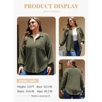 Eytino Plus Size Tops for Women Casual Long Sleeve Button Up Blouses Fashion Trendy Waffle Knit Shacket Jacket,1X Green