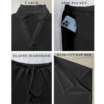 Ainangua Casual 2 Piece Sets for Women V Neck Long Sleeve Tops Wide Leg Pants Workout Outfits Fashion Carmel Travel Set(Black,XL)