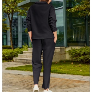 Ainangua Casual 2 Piece Sets for Women V Neck Long Sleeve Tops Wide Leg Pants Workout Outfits Fashion Carmel Travel Set(Black,XL)