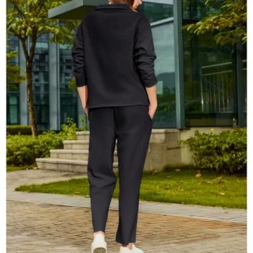 Ainangua Casual 2 Piece Sets for Women V Neck Long Sleeve Tops Wide Leg Pants Workout Outfits Fashion Carmel Travel Set(Black,XL)