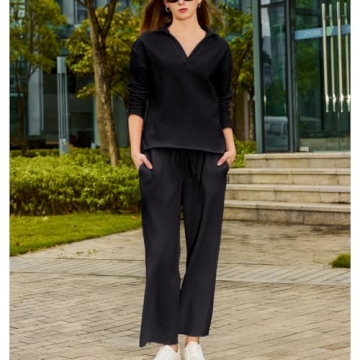 Ainangua Casual 2 Piece Sets for Women V Neck Long Sleeve Tops Wide Leg Pants Workout Outfits Fashion Carmel Travel Set(Black,XL)