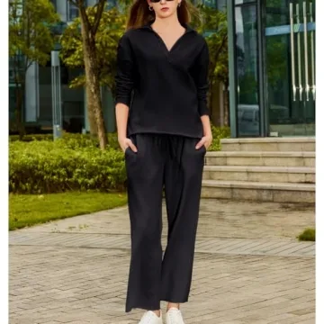 Ainangua Casual 2 Piece Sets for Women V Neck Long Sleeve Tops Wide Leg Pants Workout Outfits Fashion Carmel Travel Set(Black,XL)