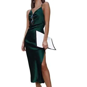 xxxiticat Women's Sleeveless Spaghetti Strap Satin Dress Cocktail Beach Evening Party Cowl Neck Dot ...