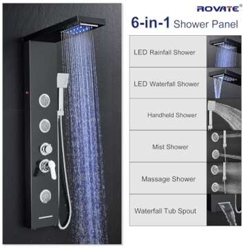 ROVATE LED Shower Panel Tower System with Rainfall Waterfall Shower, Black Shower Panels with Jets a...