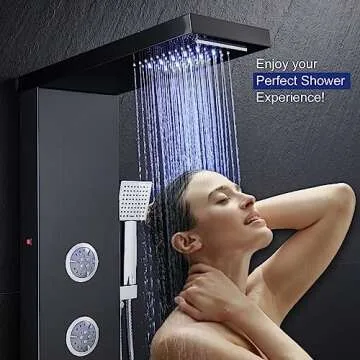 ROVATE LED Shower Panel Tower System with Rainfall Waterfall Shower, Black Shower Panels with Jets and Rainfall and Handheld, 5 in 1 Stainless Steel Shower Panel System High Pressure with Tub Spout