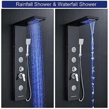 ROVATE LED Shower Panel Tower System with Rainfall Waterfall Shower, Black Shower Panels with Jets and Rainfall and Handheld, 5 in 1 Stainless Steel Shower Panel System High Pressure with Tub Spout