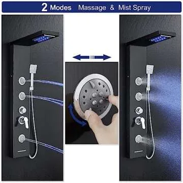 ROVATE LED Shower Panel Tower System with Rainfall Waterfall Shower, Black Shower Panels with Jets and Rainfall and Handheld, 5 in 1 Stainless Steel Shower Panel System High Pressure with Tub Spout