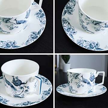 fanquare 9oz Bone China Tea Cup and Saucer Set for 1, Blue and White Coffee Cup with Plate Set, Brit...