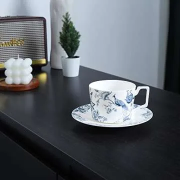 fanquare 9oz Bone China Tea Cup and Saucer Set for 1, Blue and White Coffee Cup with Plate Set, British Floral Porcelain Tea Cup for Women
