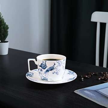 fanquare 9oz Bone China Tea Cup and Saucer Set for 1, Blue and White Coffee Cup with Plate Set, British Floral Porcelain Tea Cup for Women