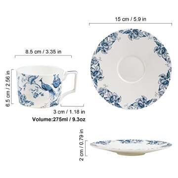 fanquare 9oz Bone China Tea Cup and Saucer Set for 1, Blue and White Coffee Cup with Plate Set, British Floral Porcelain Tea Cup for Women