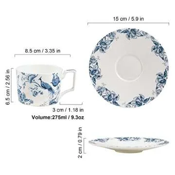 fanquare 9oz Bone China Tea Cup and Saucer Set for 1, Blue and White Coffee Cup with Plate Set, British Floral Porcelain Tea Cup for Women