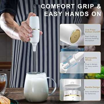 Milk Frother Handheld Frother for Coffee, Battery Operated Coffee Frother with Stainless Steel Stand, Electric Drink Mixer for Coffee, Lattes, Cappuccinno, Matcha and Hot Chocolate, White (MA002)