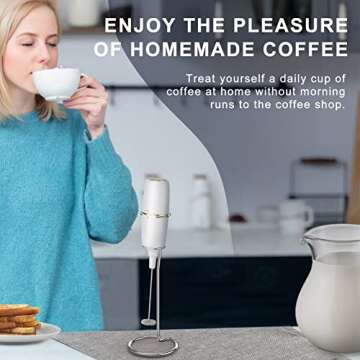 Milk Frother Handheld Frother for Coffee, Battery Operated Coffee Frother with Stainless Steel Stand, Electric Drink Mixer for Coffee, Lattes, Cappuccinno, Matcha and Hot Chocolate, White (MA002)