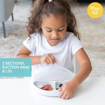 Bumkins Toddler and Baby Suction Plate, Silicone Divided Grip Dish with Lid for Self-Feeding