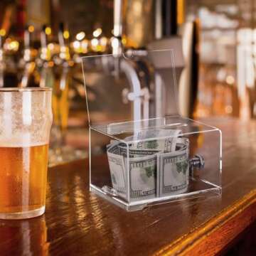 Polmart Tip Box/Suggestion/Business Card Collection Box with Lock (Built-in Sign Holder, Clear Color)