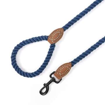 Mile High Life Dog Leash | Braided Cotton Rope Dog Leashes with Leather Tailor Tip | 4 Feet Dog Leash w Heavy Duty Metal Clasp | Wedding Dog Leash (Navy, 48 Inches)