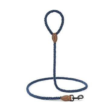 Mile High Life Dog Leash | Braided Cotton Rope Dog Leashes with Leather Tailor Tip | 4 Feet Dog Leash w Heavy Duty Metal Clasp | Wedding Dog Leash (Navy, 48 Inches)