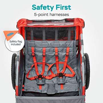 Instep Take 2 Double Seat Bike Child Trailer, Max Weight 80 lbs., 5-Point Harness, Folding Frame, Quick Release Wheels, Bug Screen & Weather Shield, Red