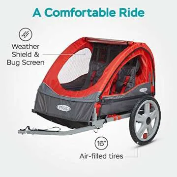 Instep Take 2 Double Seat Bike Child Trailer, Max Weight 80 lbs., 5-Point Harness, Folding Frame, Quick Release Wheels, Bug Screen & Weather Shield, Red
