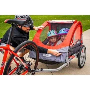 Instep Take 2 Double Seat Bike Child Trailer, Max Weight 80 lbs., 5-Point Harness, Folding Frame, Quick Release Wheels, Bug Screen & Weather Shield, Red