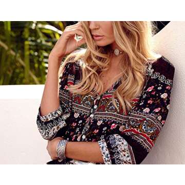 R.Vivimos Women's Summer Boho Button Up V Neck Floral Print Roll Up Causal Split Beach Midi Dresses (Small, Brown)