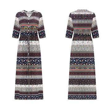 R.Vivimos Women's Summer Boho Button Up V Neck Floral Print Roll Up Causal Split Beach Midi Dresses (Small, Brown)