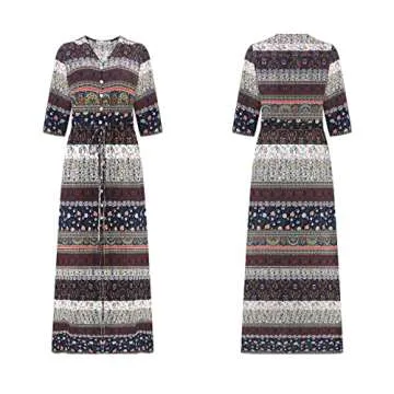 R.Vivimos Women's Summer Boho Button Up V Neck Floral Print Roll Up Causal Split Beach Midi Dresses (Small, Brown)