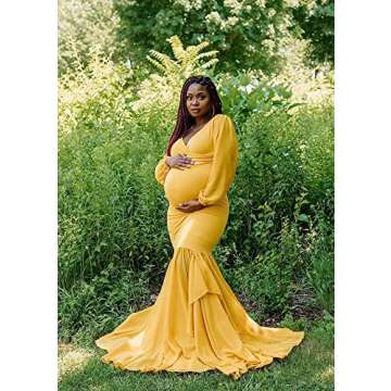 Saslax Long Chiffon Sleeve Tired Mermaid Maternity Dresses for Photoshoot Photography Baby Shower Gown Mustard Yellow 22 Small
