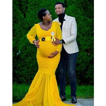 Saslax Long Chiffon Sleeve Tired Mermaid Maternity Dresses for Photoshoot Photography Baby Shower Gown Mustard Yellow 22 Small