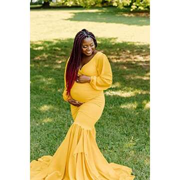 Saslax Long Chiffon Sleeve Tired Mermaid Maternity Dresses for Photoshoot Photography Baby Shower Gown Mustard Yellow 22 Small