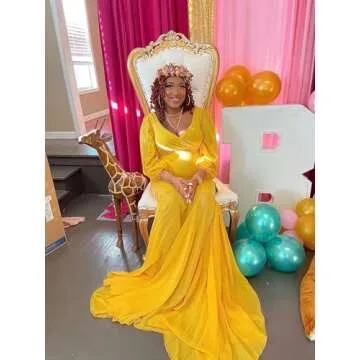 Saslax Long Chiffon Sleeve Tired Mermaid Maternity Dresses for Photoshoot Photography Baby Shower Gown Mustard Yellow 22 Small