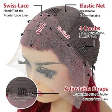 99J Burgundy Lace Front Wigs Human Hair Body Wave 13x4 Wine Red HD Transparent Lace Frontal Wigs Pre Plucked 180% Density 99J Human Hair Wigs Lace Frontal with Baby Hair 22inch