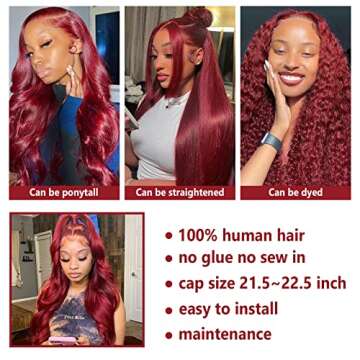 99J Burgundy Lace Front Wigs Human Hair Body Wave 13x4 Wine Red HD Transparent Lace Frontal Wigs Pre Plucked 180% Density 99J Human Hair Wigs Lace Frontal with Baby Hair 22inch