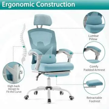 DUMOS Home Office Desk Chair with Footrest, High-Back Mesh Rolling Swivel Reclining Chairs with Wheels, Comfortable Headrest, Lumbar Support, Comfy Arms for Home, Office, Gaming, Student, Blue