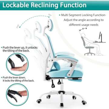 DUMOS Home Office Desk Chair with Footrest, High-Back Mesh Rolling Swivel Reclining Chairs with Wheels, Comfortable Headrest, Lumbar Support, Comfy Arms for Home, Office, Gaming, Student, Blue