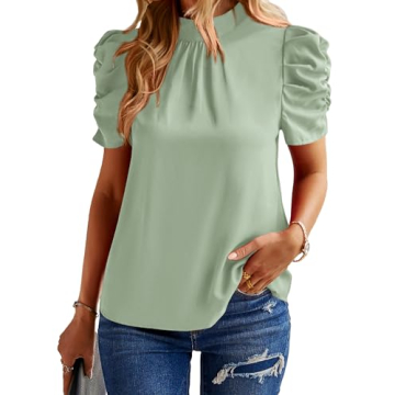 BTFBM Women's Summer Boho Shirt Top Ruffle Short Sleeve Frill Trim Mock Neck Floral Solid 2025 Casua...