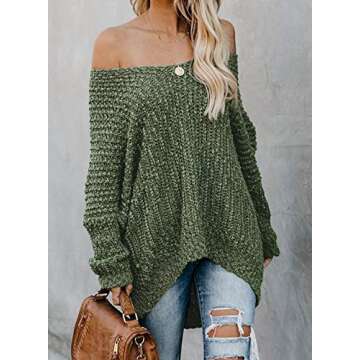 Astylish Women's Sexy Chunky V Neck Off The Shoulder Loose Fit Oversized Baggy Knit Pullover Sweater Jumper Green Small