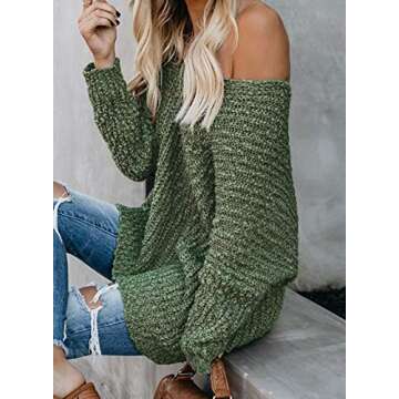 Astylish Women's Sexy Chunky V Neck Off The Shoulder Loose Fit Oversized Baggy Knit Pullover Sweater Jumper Green Small